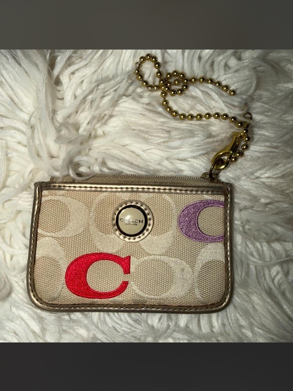 Coach Beige Signature Card Case with Red & Purple 'C' Accents